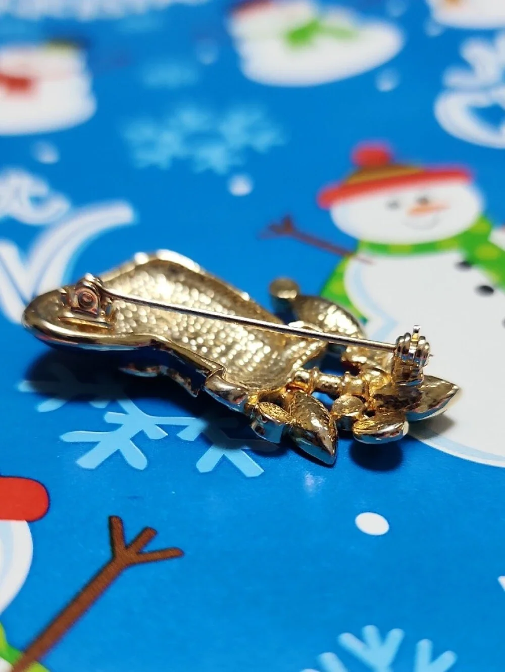 Blue Holiday Stocking Brooch with Rhinestones